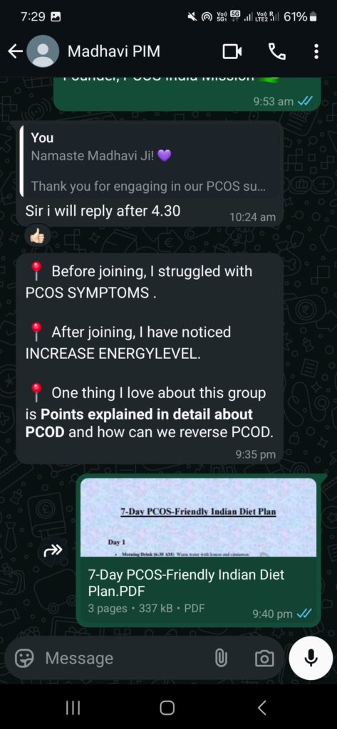 Energy Boost with PCOS Support: Before joining, she battled PCOS symptoms and low energy. Now, she experiences increased vitality and a better understanding of PCOD reversal techniques!